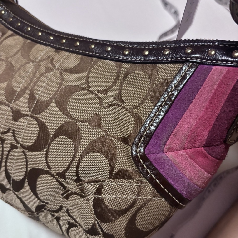 Vintage Coach Signature Jacquard Hobo Shoulder Bag Y2K Studded Brown Purple - Picture 3 of 10
